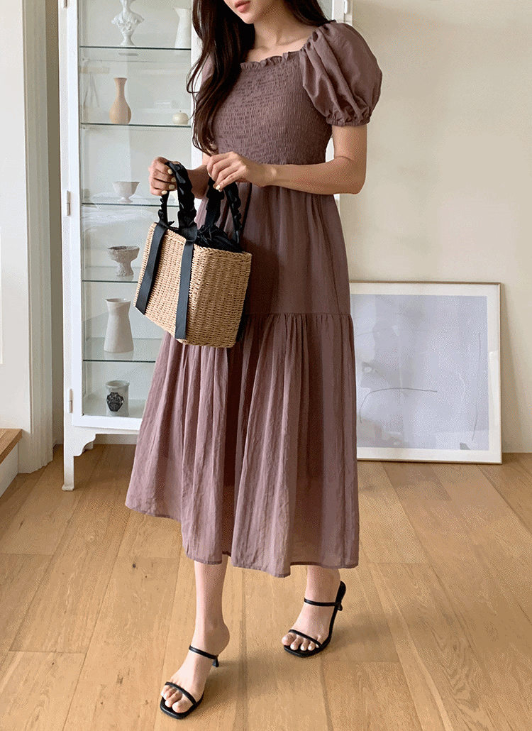 シフォンシャーリングゴムパフスリーブロングフレア半袖