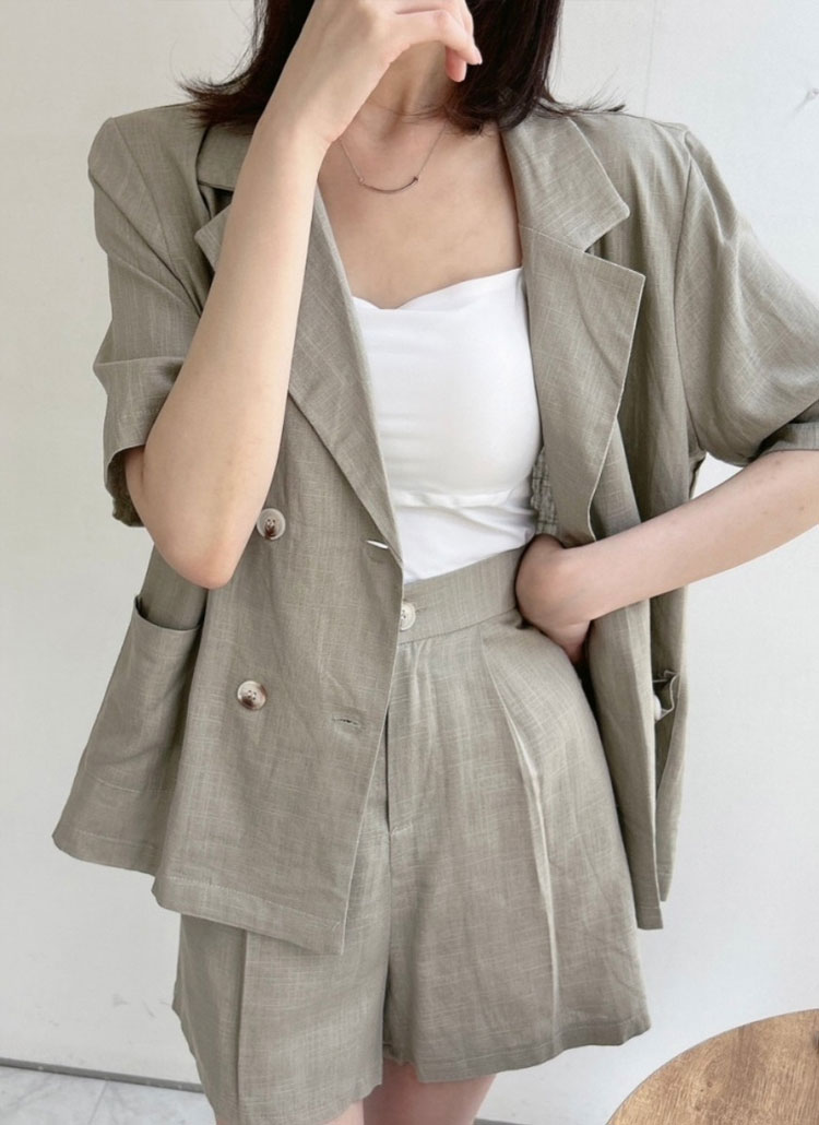 リネン混カラールーズ半袖タックセットアップジャケットショートパンツ