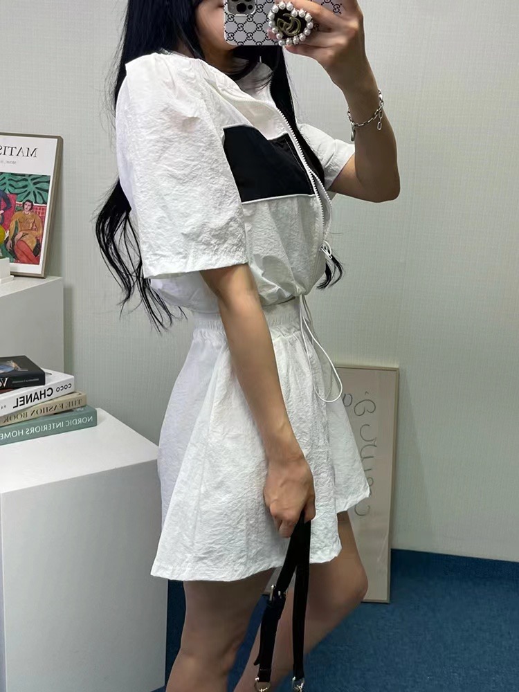 ドローストリングウエストゴムクロップド長袖配色セットアップスカートジャンパー | 詳細画像4