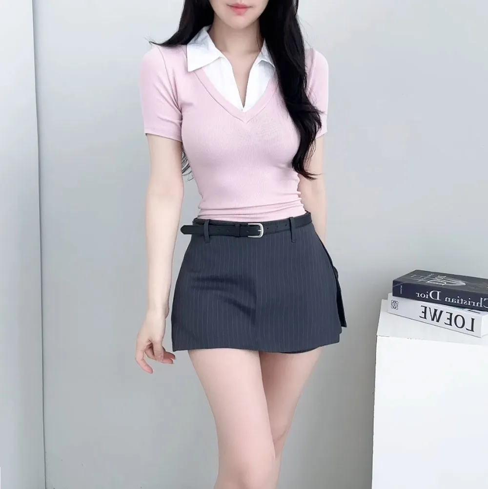 ベルト付スリットミニストライプスカートパンツ | auvezay | 詳細画像1