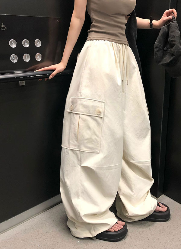 選べる丈]ドローストリングウエストゴムカーゴワイドパンツ