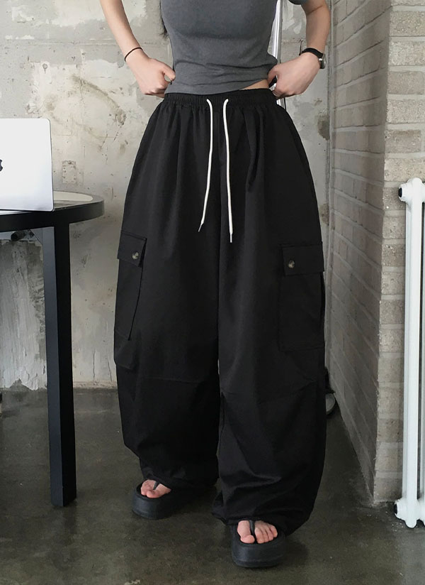 選べる丈]ドローストリングウエストゴムカーゴワイドパンツ