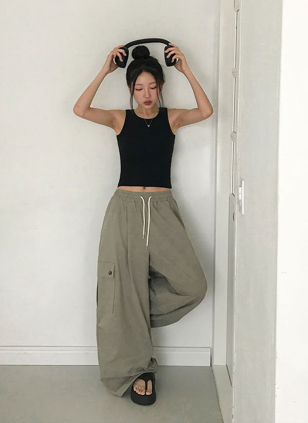 選べる丈]ドローストリングウエストゴムカーゴワイドパンツ