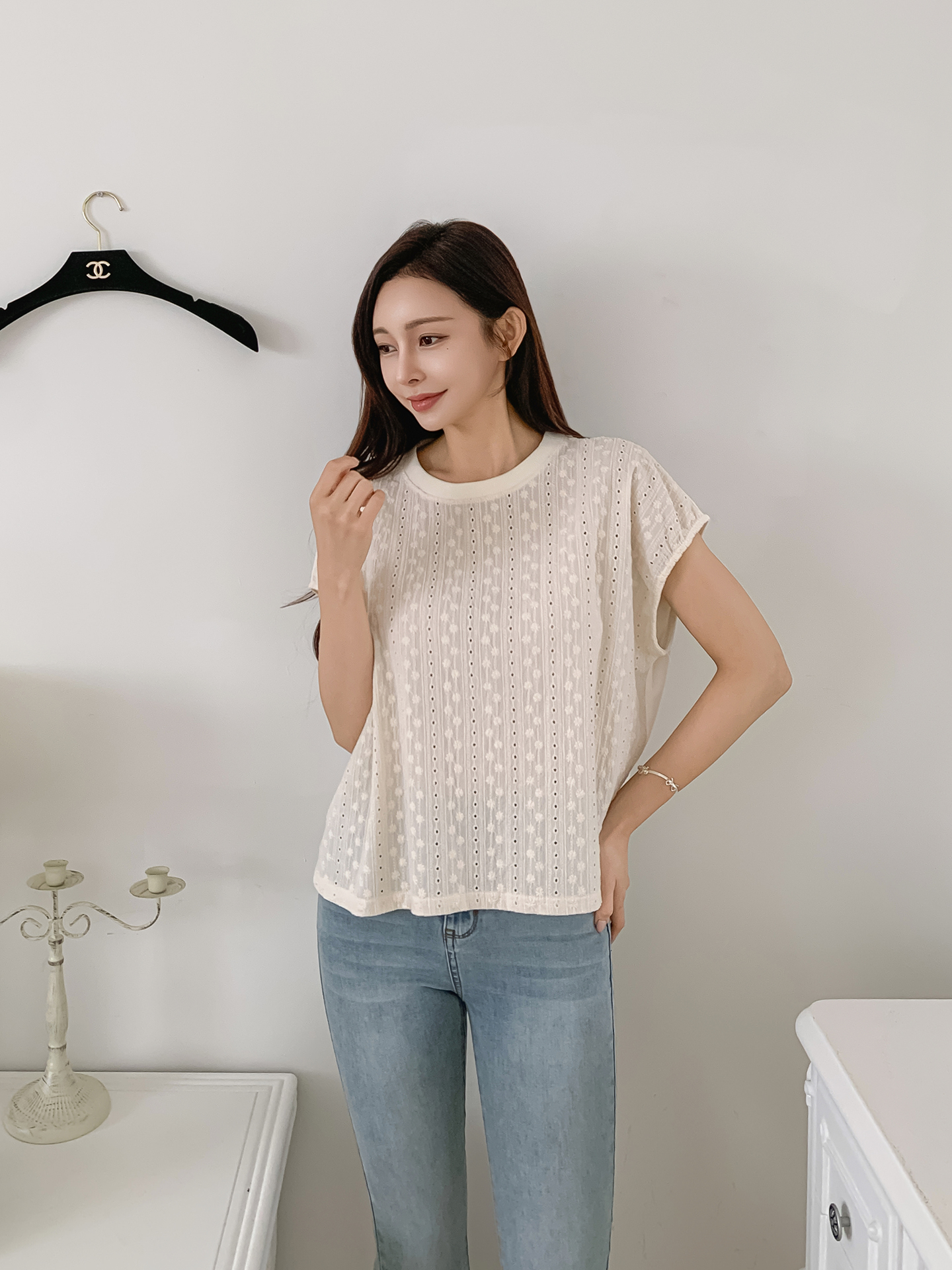 シースルーラウンドネック半袖配色Tシャツ | 詳細画像3