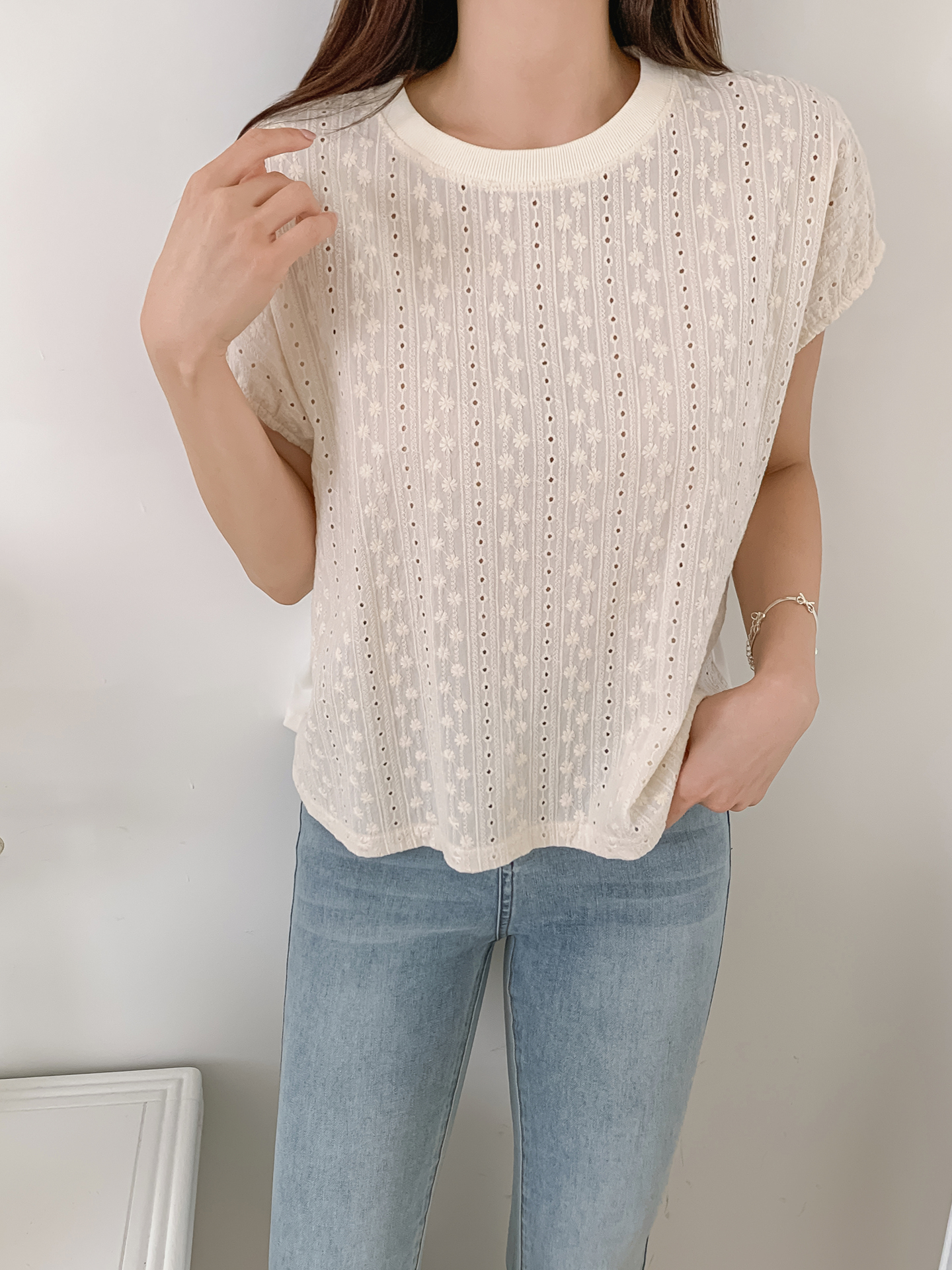 シースルーラウンドネック半袖配色Tシャツ | 詳細画像4