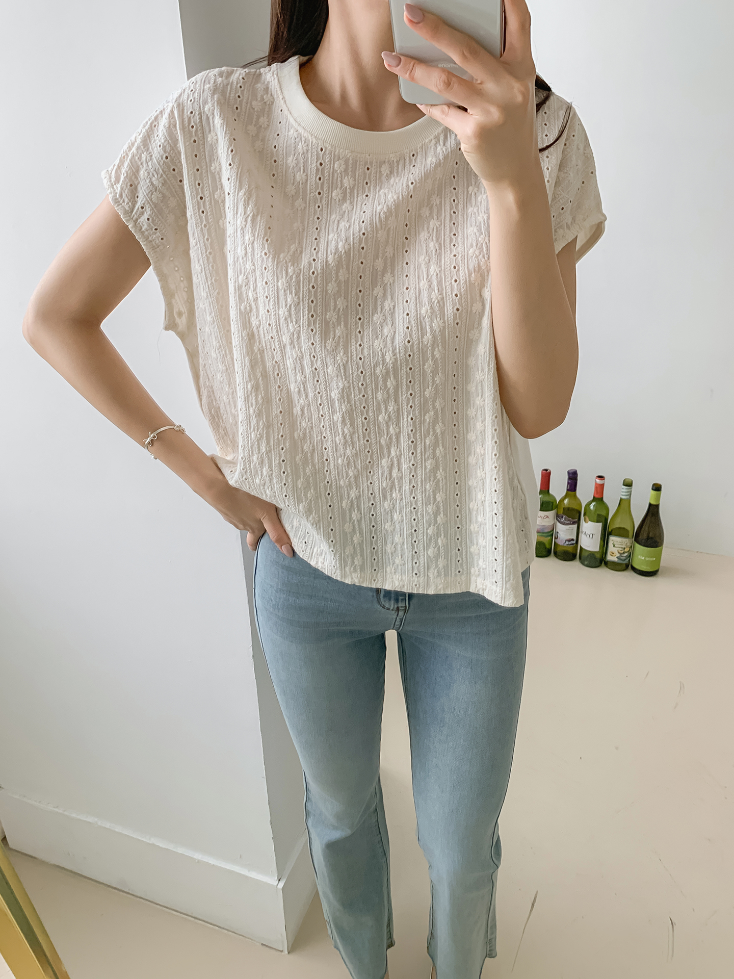 シースルーラウンドネック半袖配色Tシャツ | 詳細画像17