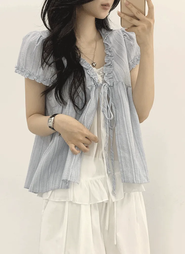 フリルレイヤード風ストライプレースブラウス | withhuilin | 詳細画像1