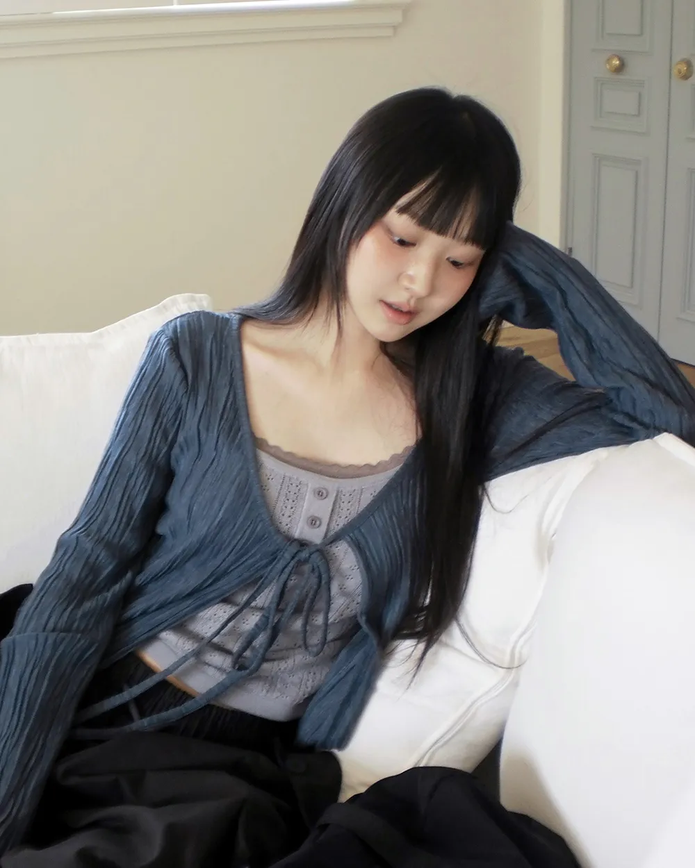 シースルーリンクルリボンカラーカーディガン | WONDERWONDER | 詳細画像1