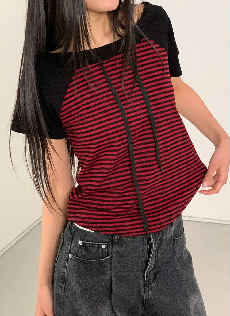 オフショルダーボーダー配色Tシャツ | banincci | 詳細画像1