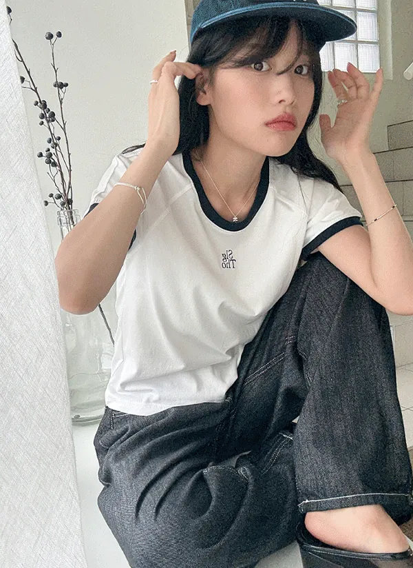 ラウンドネック刺繍ライン配色Tシャツ | 66girls | 詳細画像1