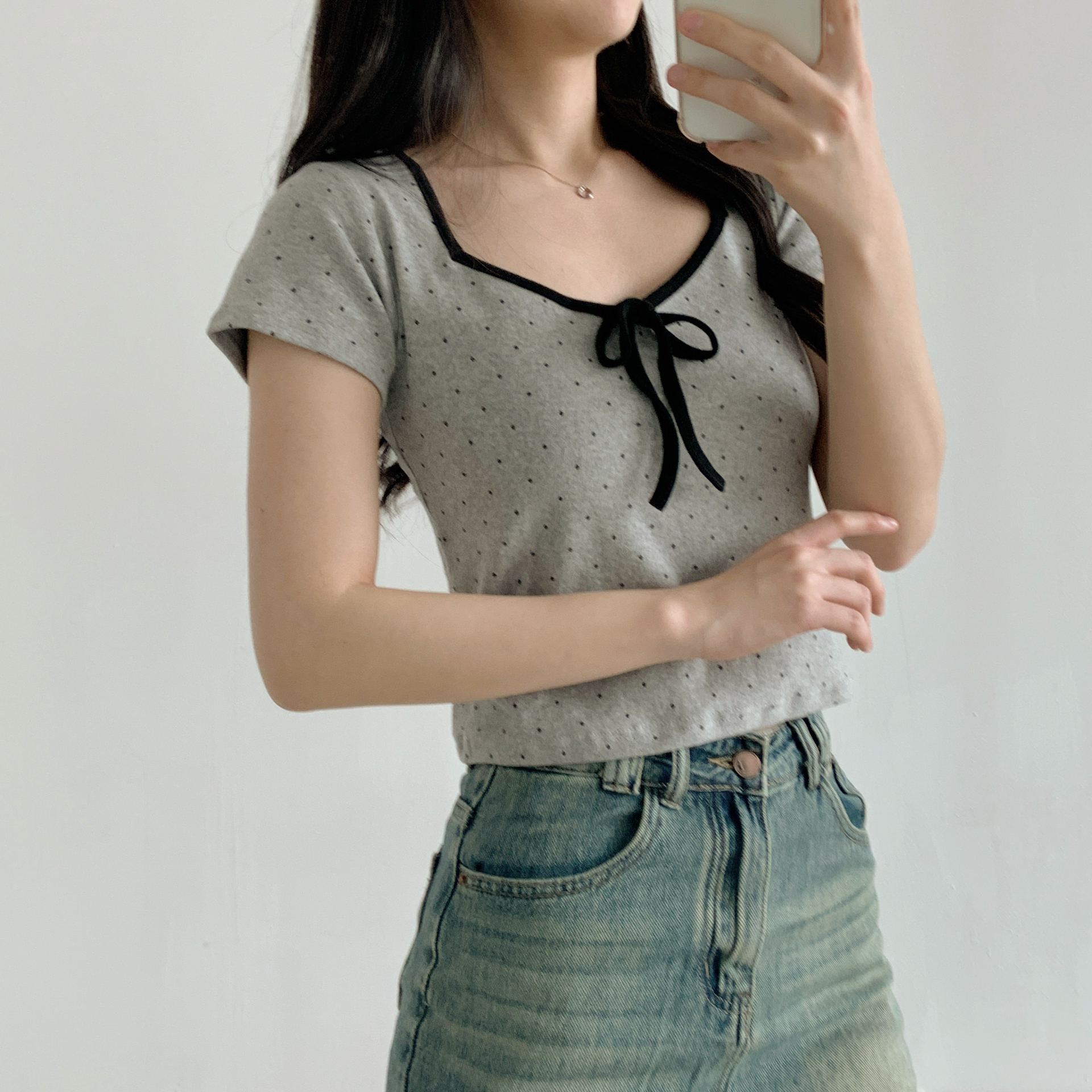 リボンクロップドスリムドットTシャツ | 詳細画像7