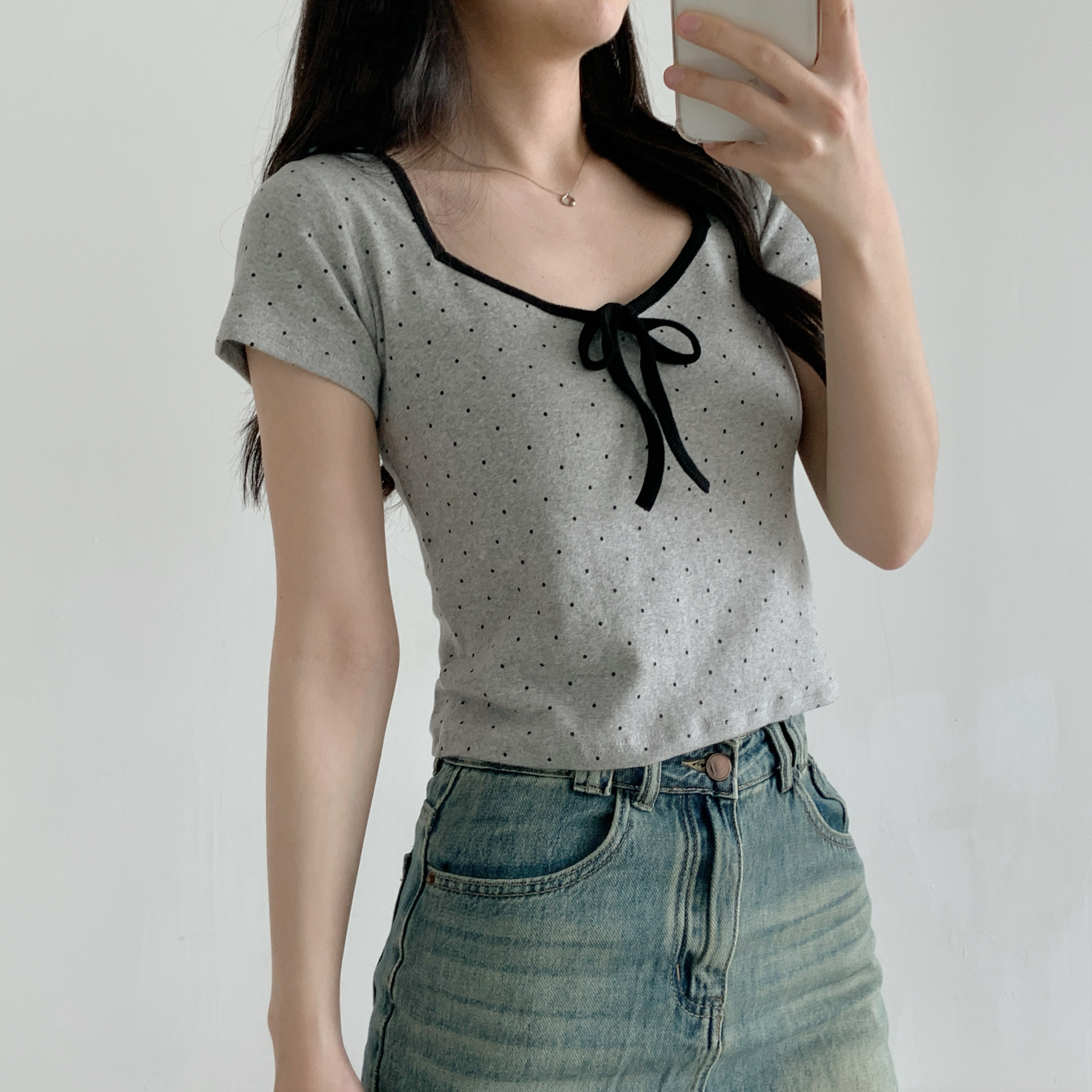 リボンクロップドスリムドットTシャツ | 詳細画像4