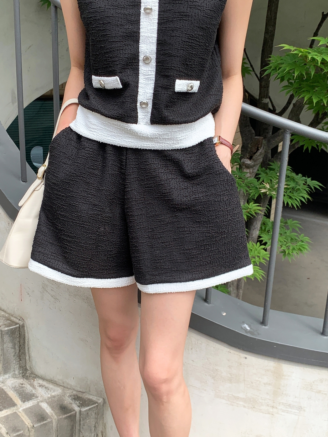 ウエストゴムフェイクボタン配色ベストハーフパンツ | 詳細画像6