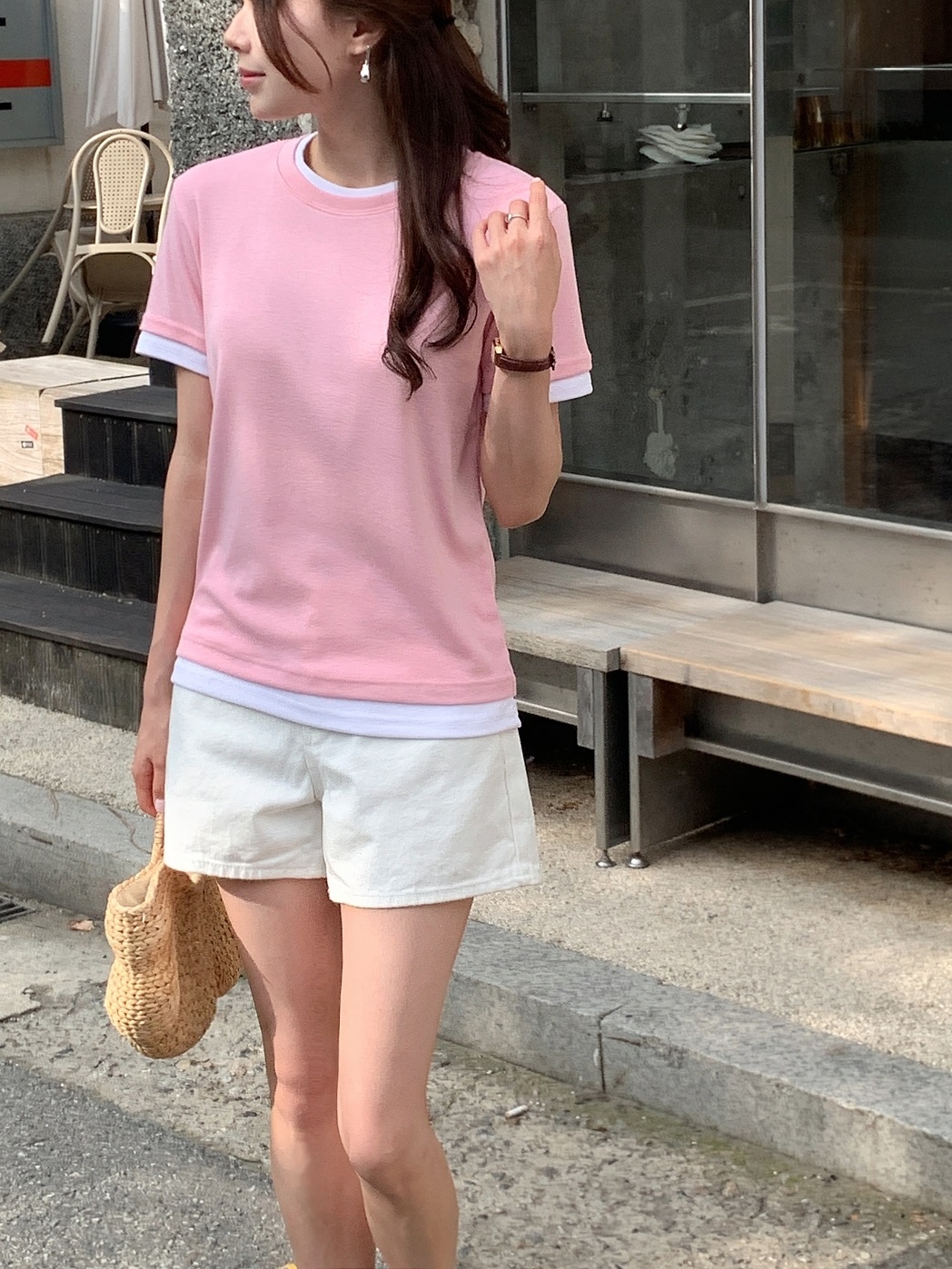 ラウンドネックレイヤード風半袖無地Tシャツ | 詳細画像13