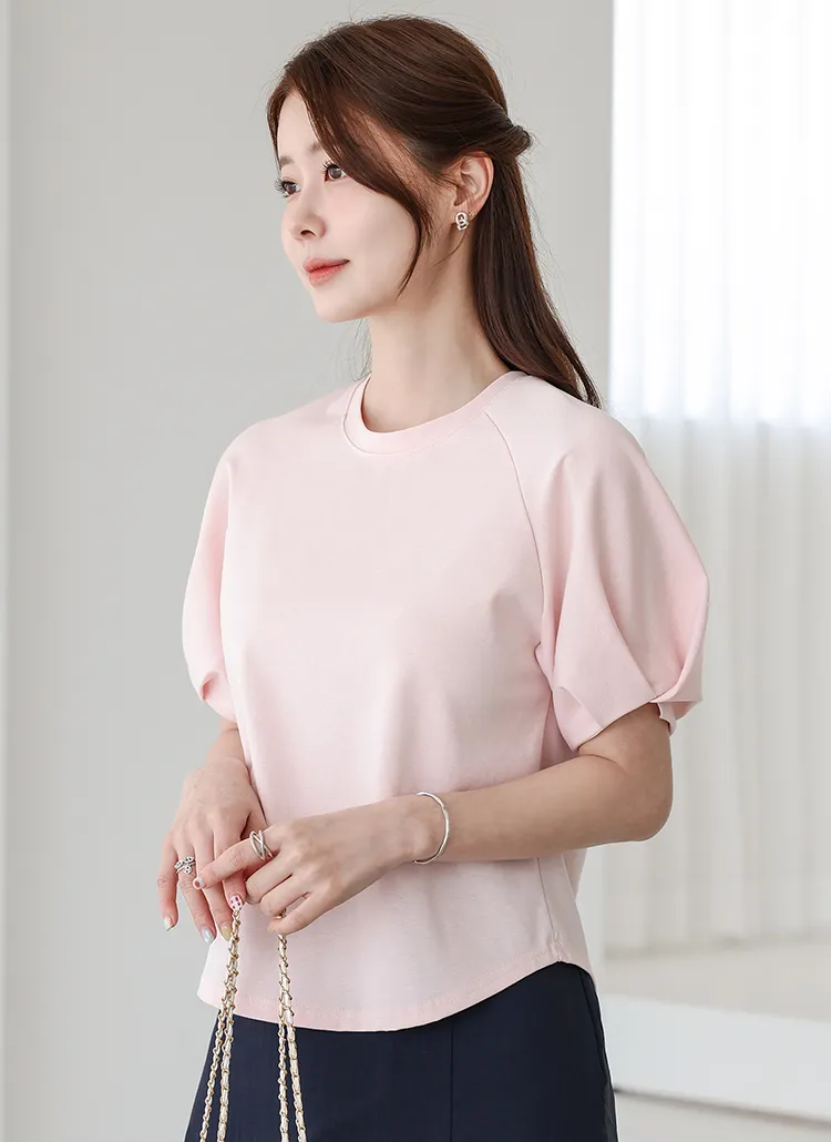 ラウンドネックパフスリーブ半袖カラー無地Tシャツ | Auberie | 詳細画像1