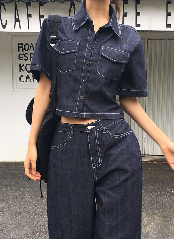 選べる丈]ノンフェードデニムボタンカラーポケットワイドセットアップ