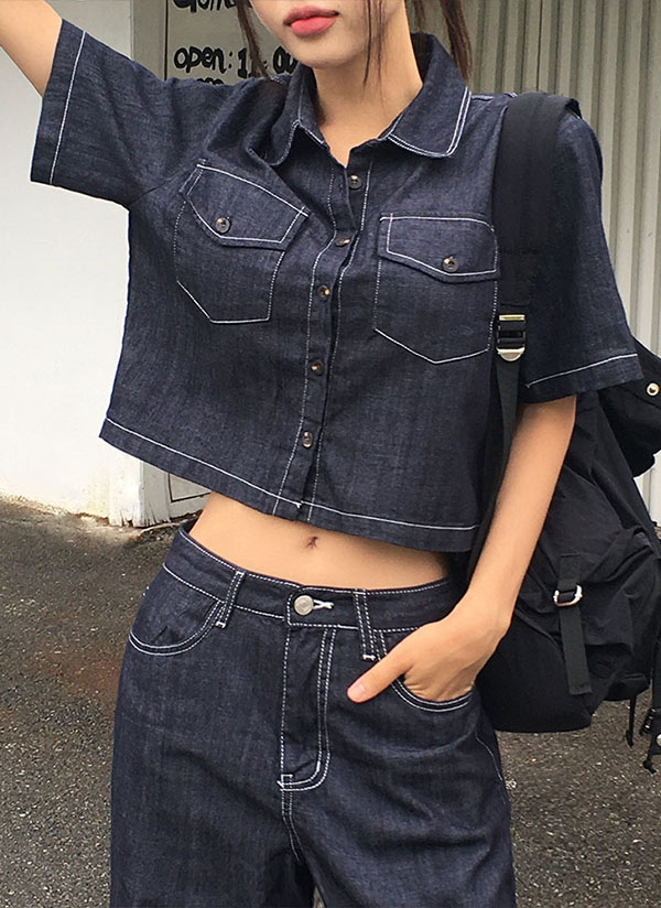 選べる丈]ノンフェードデニムボタンカラーポケットワイドセットアップ