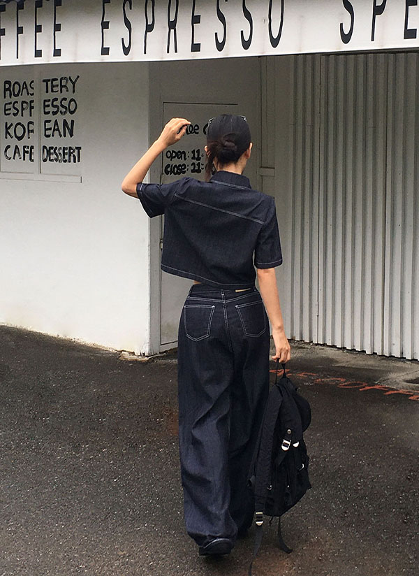 選べる丈]ノンフェードデニムボタンカラーポケットワイドセットアップ