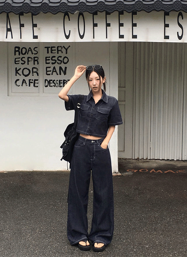 選べる丈]ノンフェードデニムボタンカラーポケットワイドセットアップ