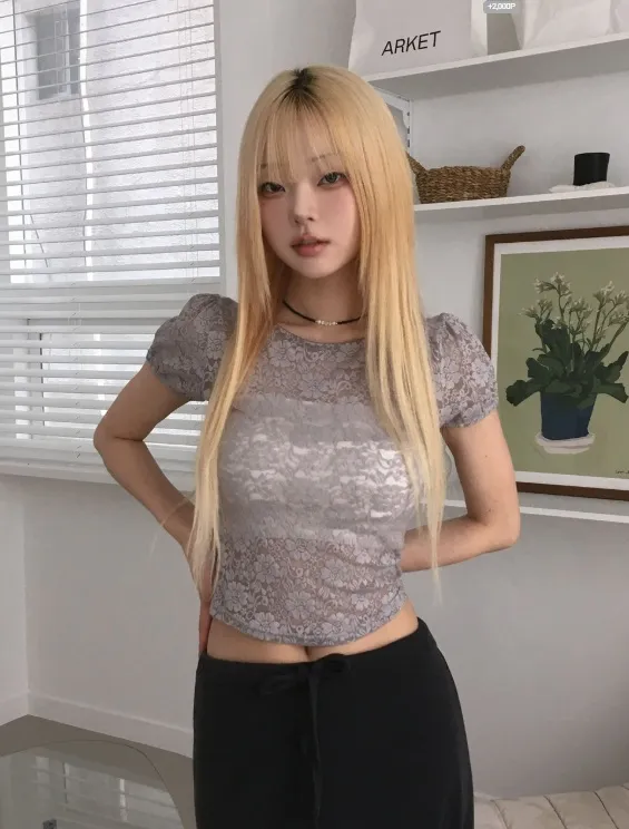 シースルーラウンドネックスリム半袖花柄刺繍レースTシャツ | MODIMOOD | 詳細画像1