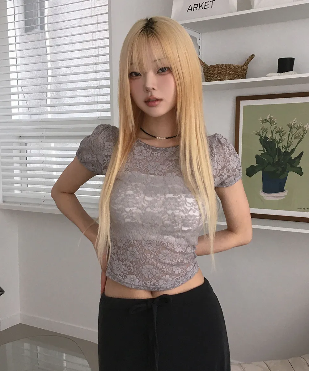 シースルーラウンドネックスリム半袖花柄刺繍レースTシャツ | MODIMOOD | 詳細画像1