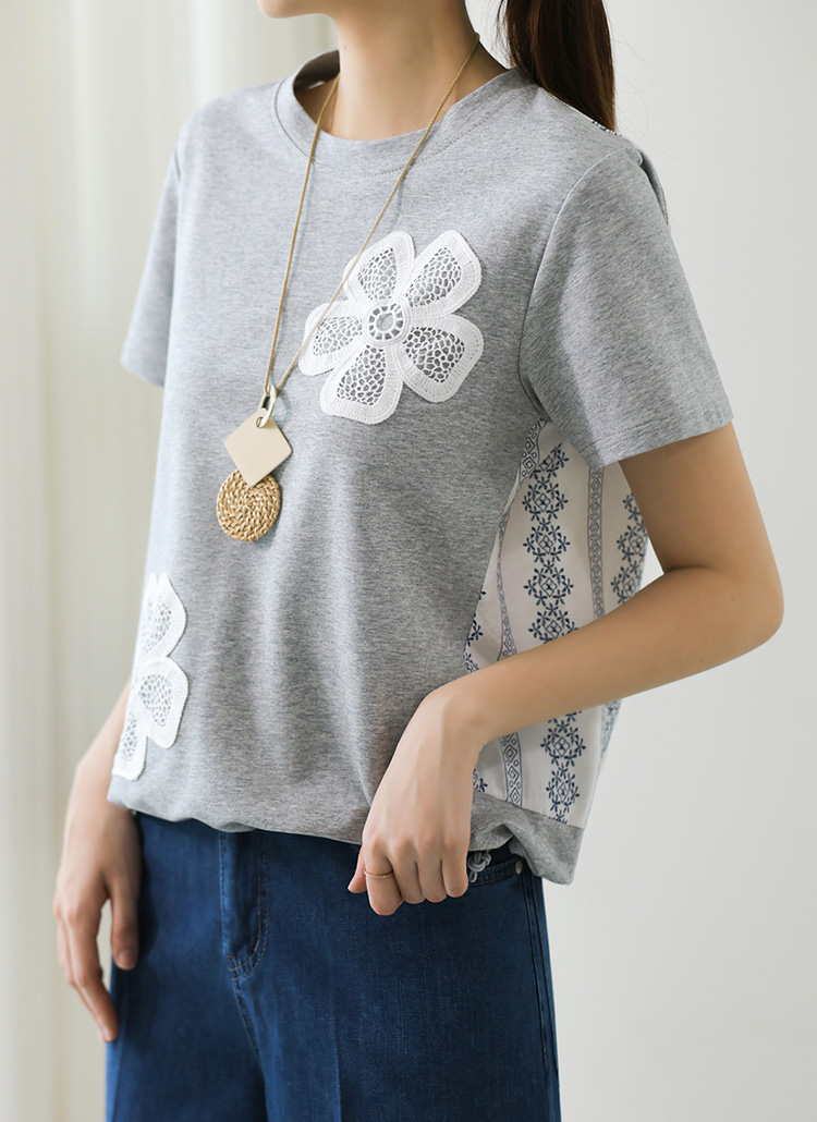 ラウンドネックドローストリング花柄刺繍配色Tシャツ | レディース