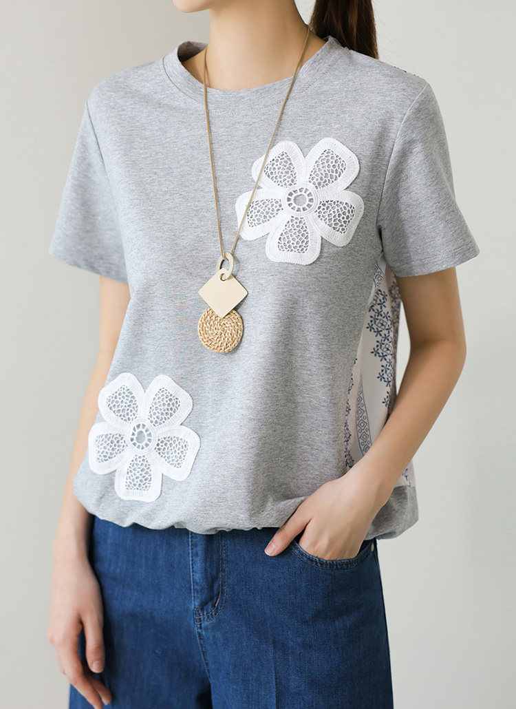 ラウンドネックドローストリング花柄刺繍配色Tシャツ | レディース