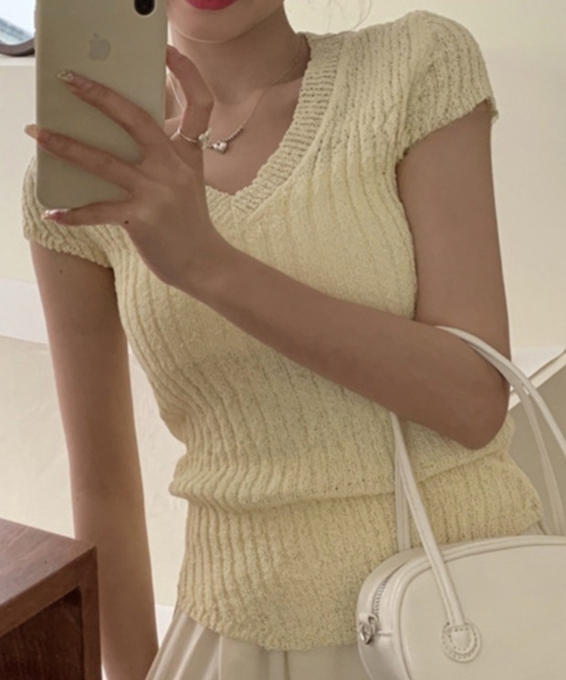Vネックフレンチスリーブスリムニット | 詳細画像9