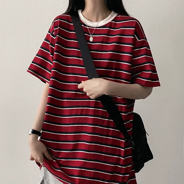 オーバーサイズ半袖ラウンドネックボーダー配色Tシャツ | hijjoo | 詳細画像1