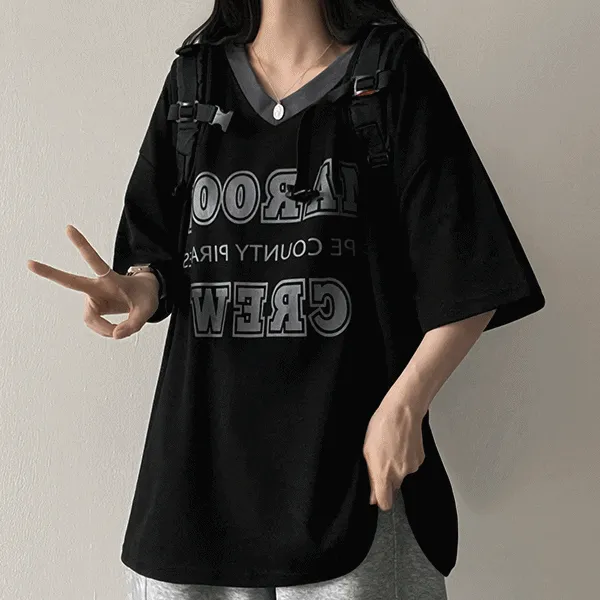 Vネックボクシー半袖配色プリントTシャツ | hijjoo | 詳細画像1