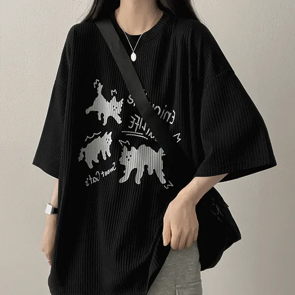 リブラウンドネック半袖プリントTシャツ | hijjoo | 詳細画像1