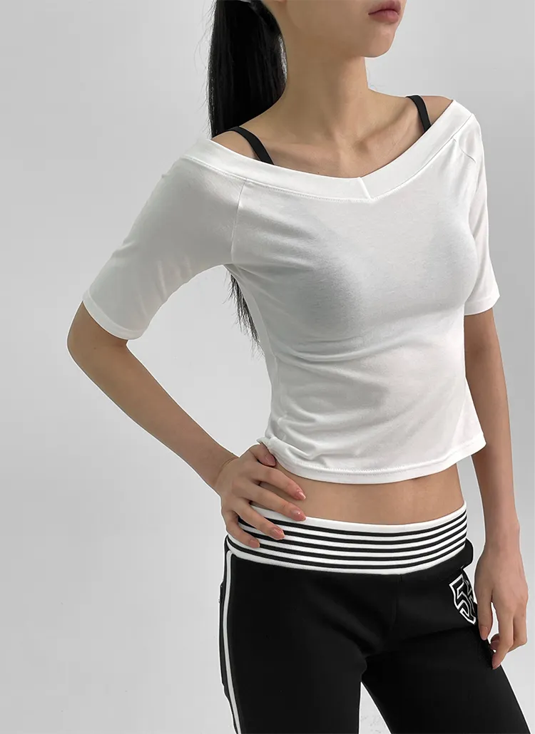 ストレッチ半袖VネックオフショルダースリムTシャツ | blackup | 詳細画像1