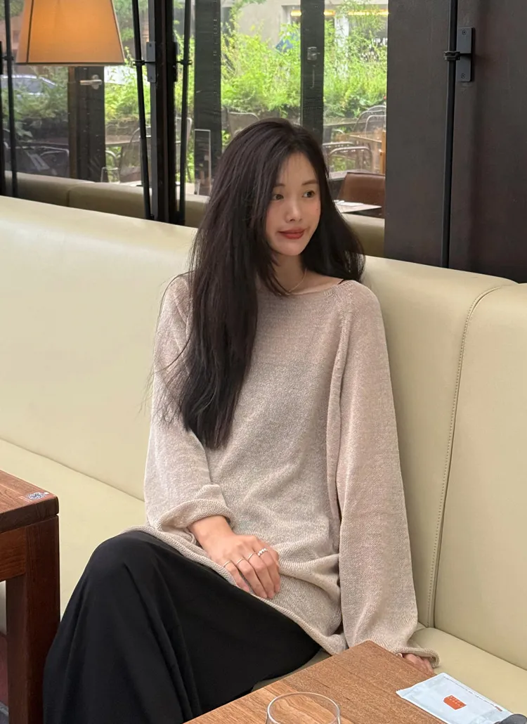 シースルーニット長袖ルーズラウンドネックニットTシャツ | prostj | 詳細画像1