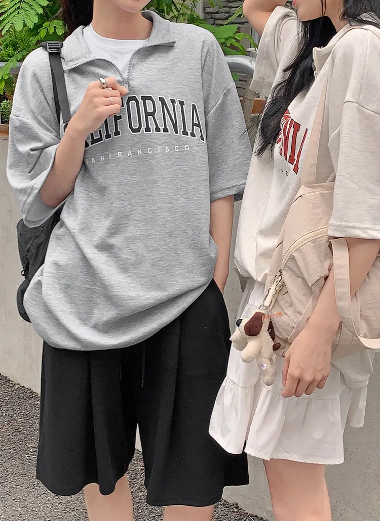 ハーフジップオーバーサイズ半袖ロゴ配色Tシャツ | hotping | 詳細画像1