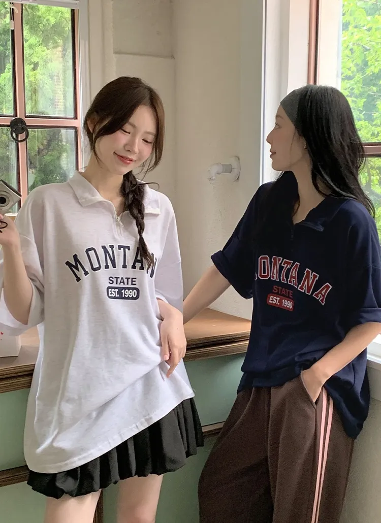ハイネックハーフジップオーバーサイズ半袖レタリング配色Tシャツ | hotping | 詳細画像1