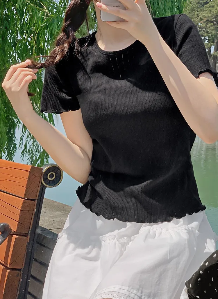 リブ半袖パンチングスリムラウンドネックTシャツ | hotping | 詳細画像1