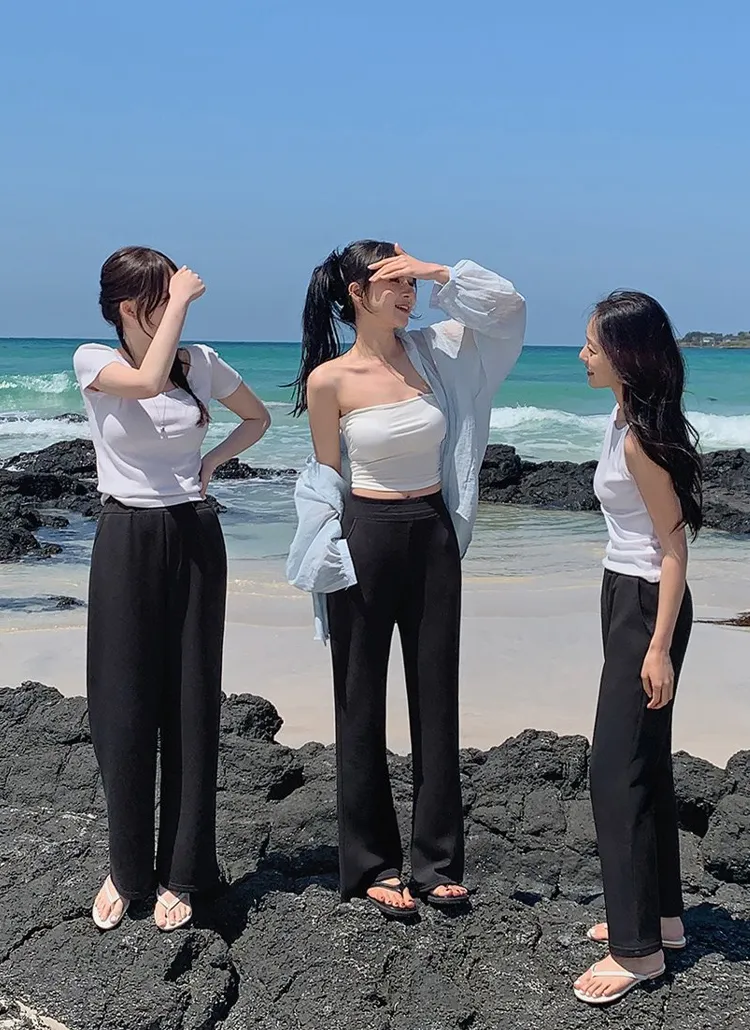 3TYPEワイドブーツカットスリムウエストゴムパンツ | hotping | 詳細画像1