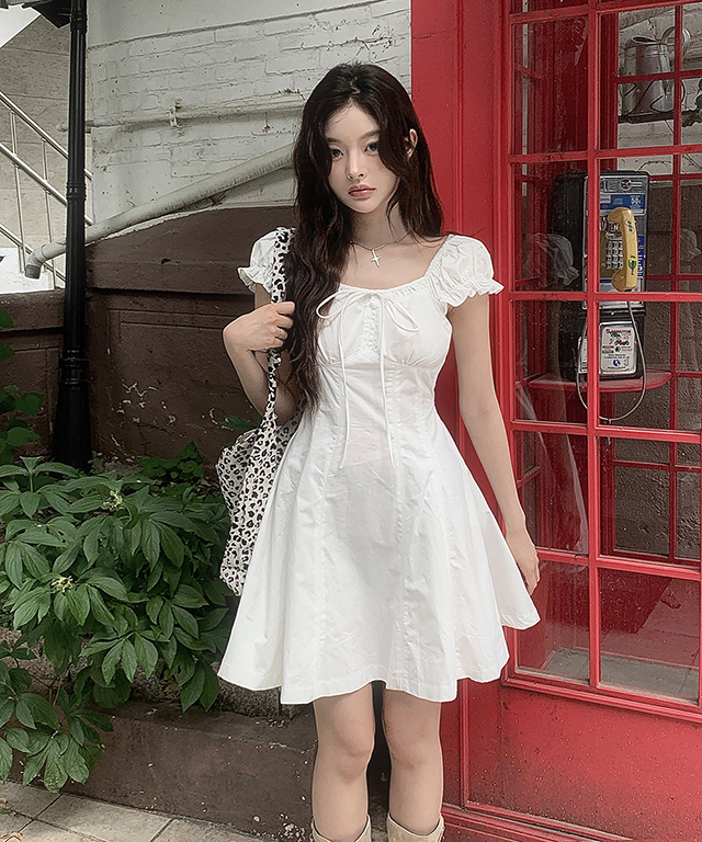 2WAYリボンスクエアネックオフショルダーバックゴムパフスリーブ半袖