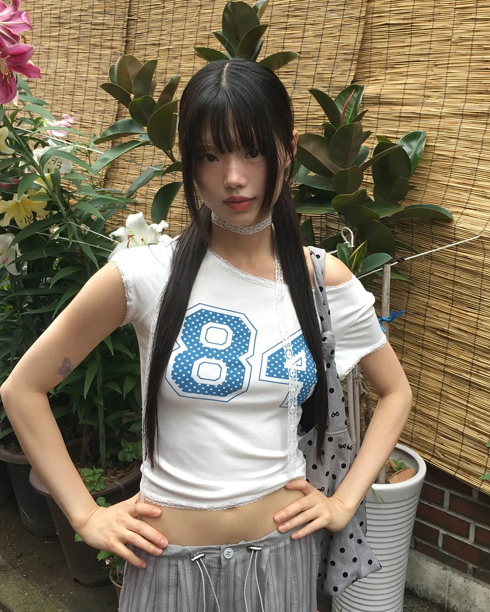 マフラー付レースオフショルダー半袖ドットプリントTシャツ | WONDERWONDER | 詳細画像1