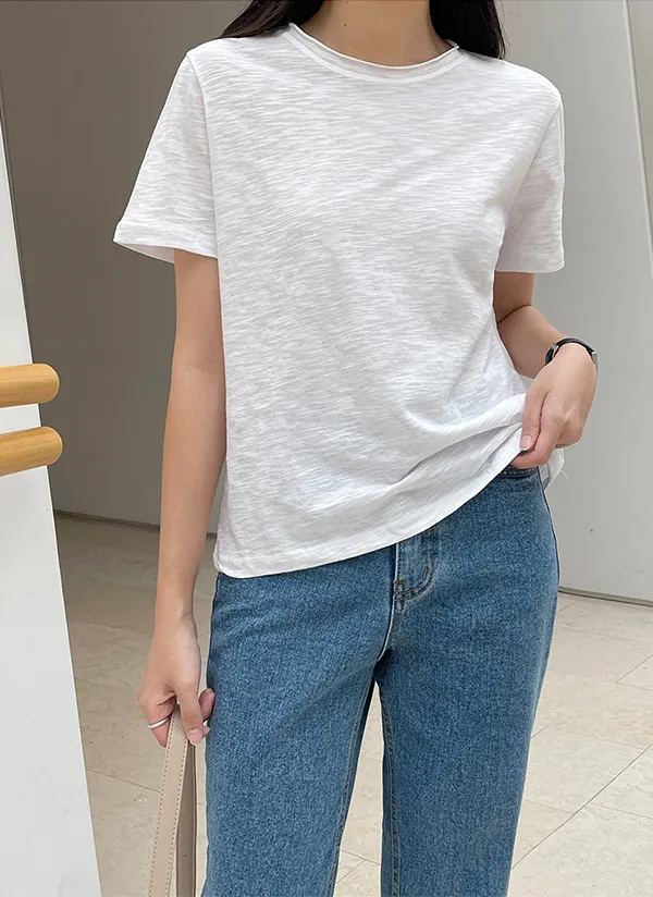 コットンラウンドネック半袖ベーシック無地カラーTシャツ | crushj | 詳細画像1