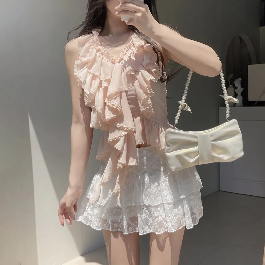 シフォンソフトホルターネックシャーリングフリルバックゴムレースアップノースリブラウス | mirangmirang | 詳細画像17