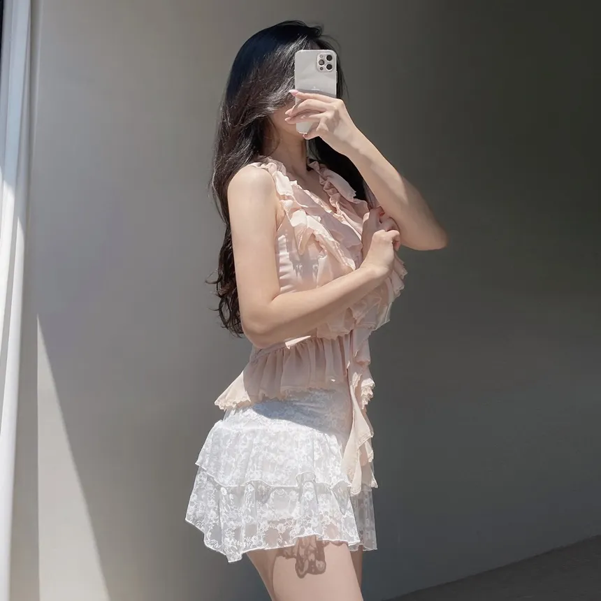 シフォンソフトホルターネックシャーリングフリルバックゴムレースアップノースリブラウス | mirangmirang | 詳細画像24