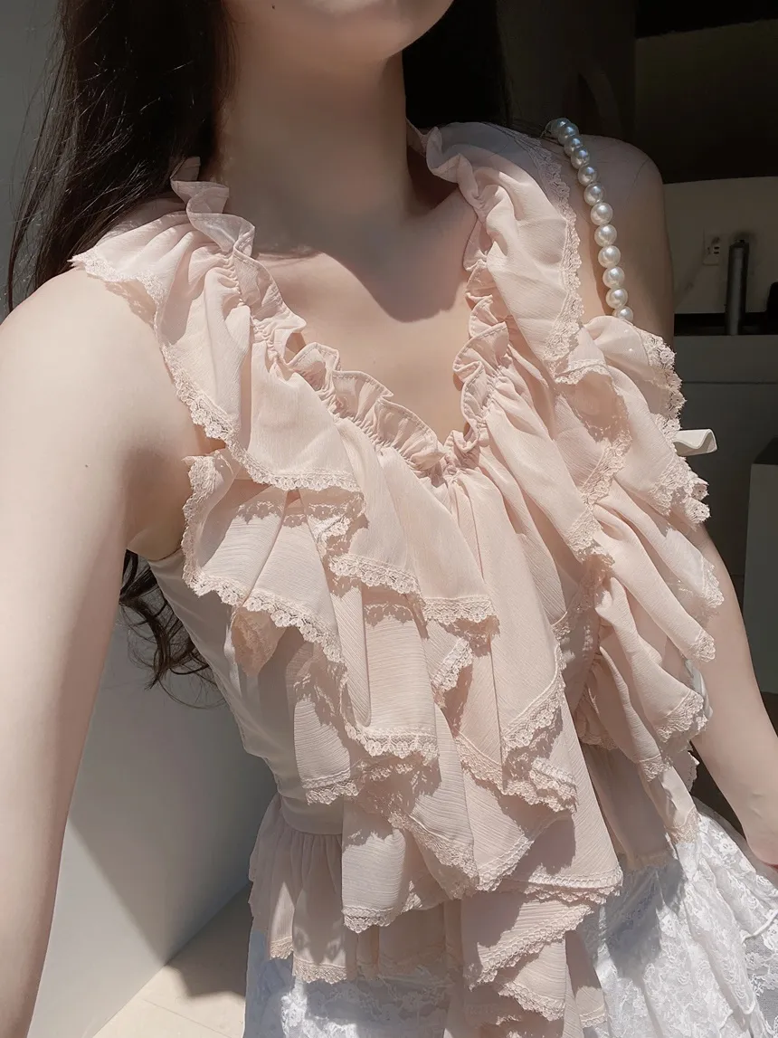 シフォンソフトホルターネックシャーリングフリルバックゴムレースアップノースリブラウス | mirangmirang | 詳細画像25