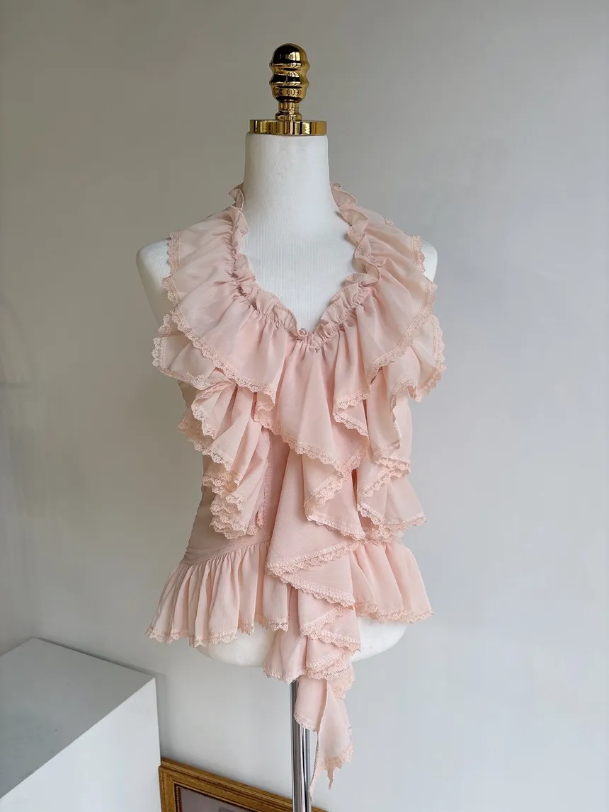シフォンソフトホルターネックシャーリングフリルバックゴムレースアップノースリブラウス | mirangmirang | 詳細画像32