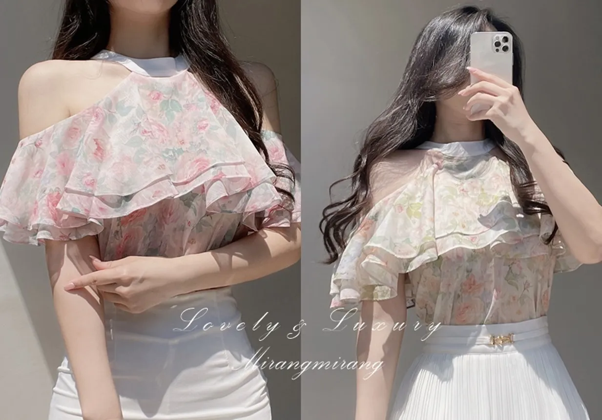 シフォンホルターネックフレアラッフル花柄ノースリブラウス | mirangmirang | 詳細画像1