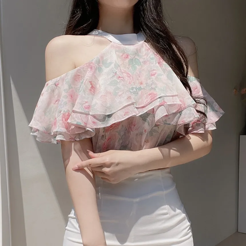 シフォンホルターネックフレアラッフル花柄ノースリブラウス | mirangmirang | 詳細画像2