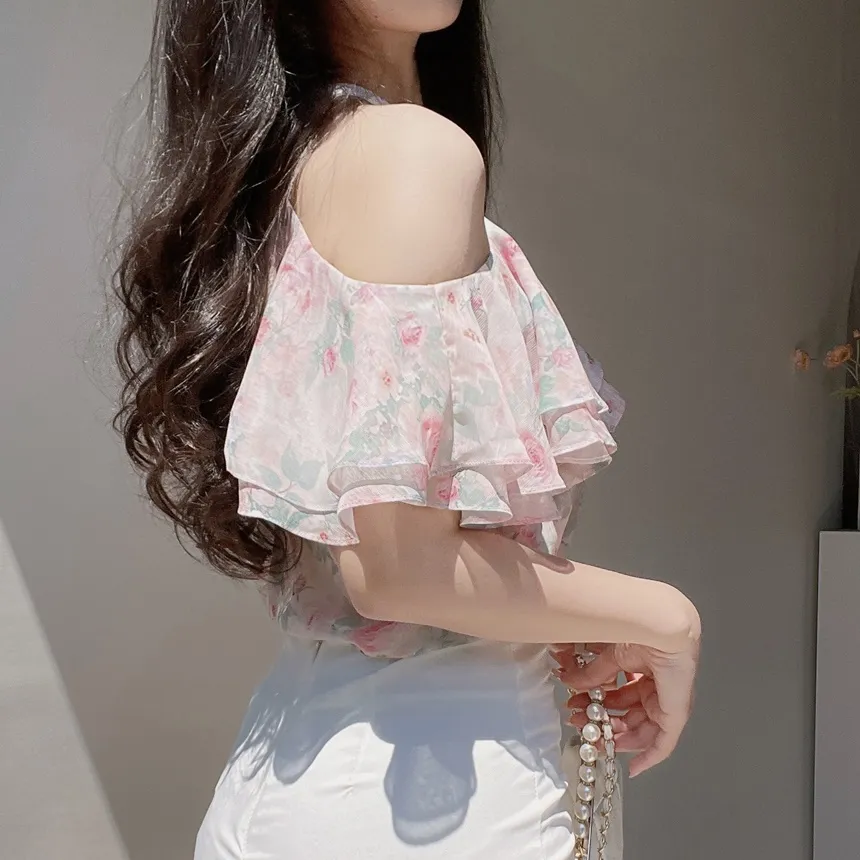 シフォンホルターネックフレアラッフル花柄ノースリブラウス | mirangmirang | 詳細画像10