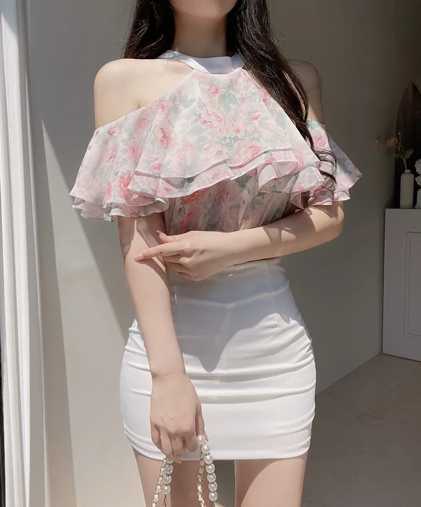 シフォンホルターネックフレアラッフル花柄ノースリブラウス | mirangmirang | 詳細画像12