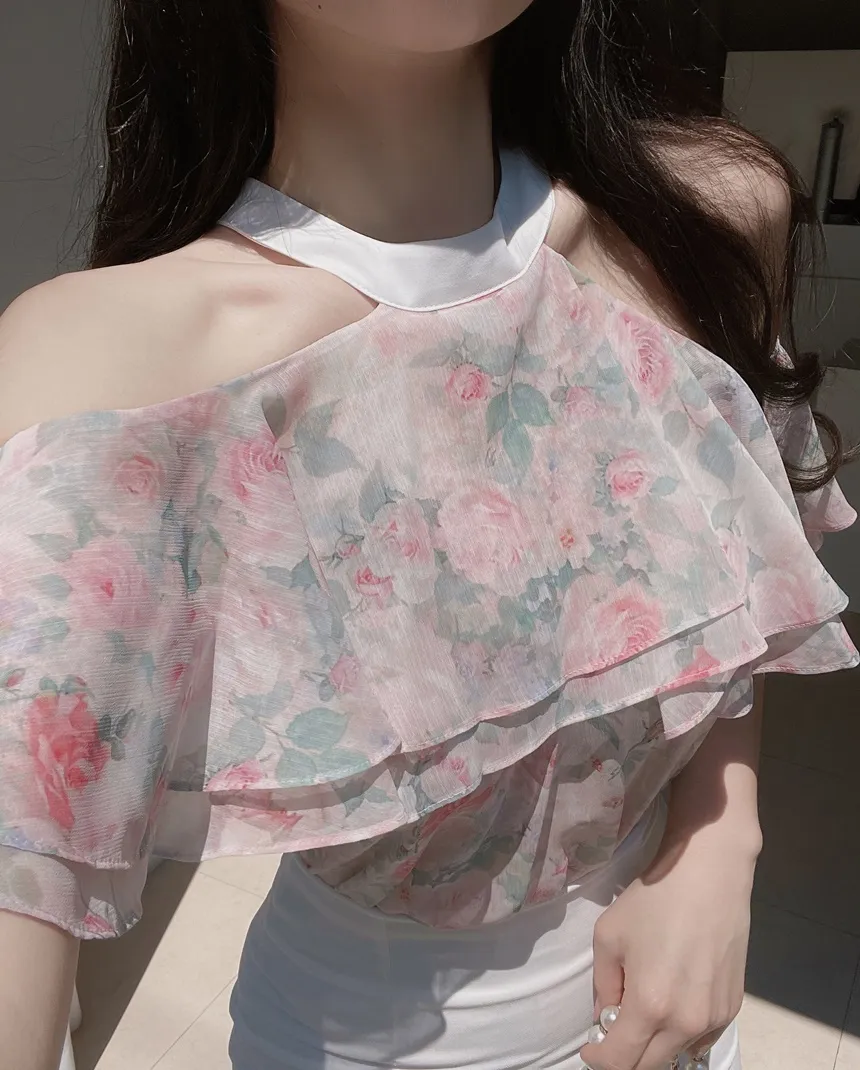 シフォンホルターネックフレアラッフル花柄ノースリブラウス | mirangmirang | 詳細画像14