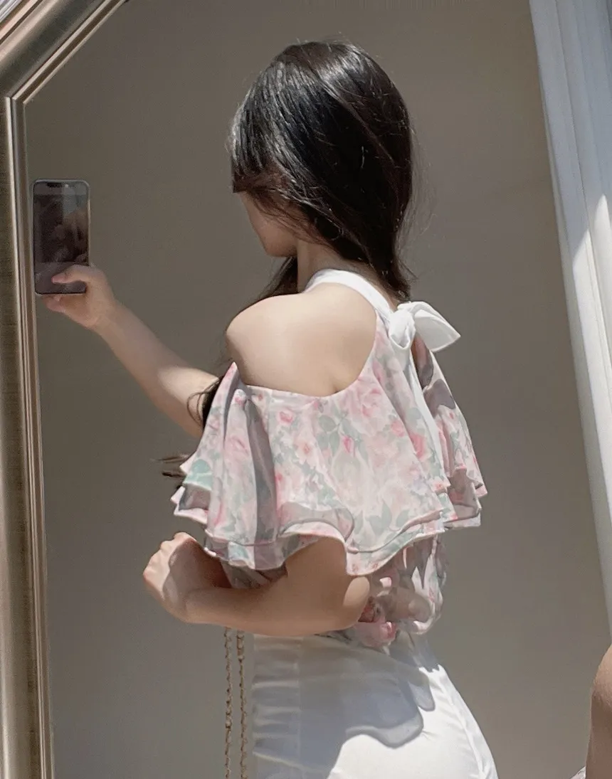 シフォンホルターネックフレアラッフル花柄ノースリブラウス | mirangmirang | 詳細画像17